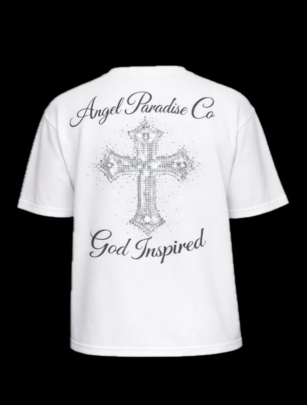 Angel Paradise Co “God Inspired” Signature Cross Tee – White (Front & Back Graphic)