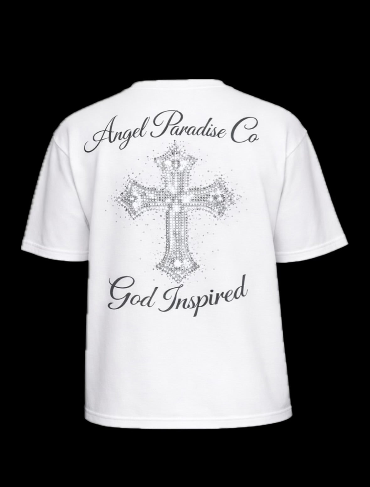 Angel Paradise Co “God Inspired” Signature Cross Tee – White (Front & Back Graphic)