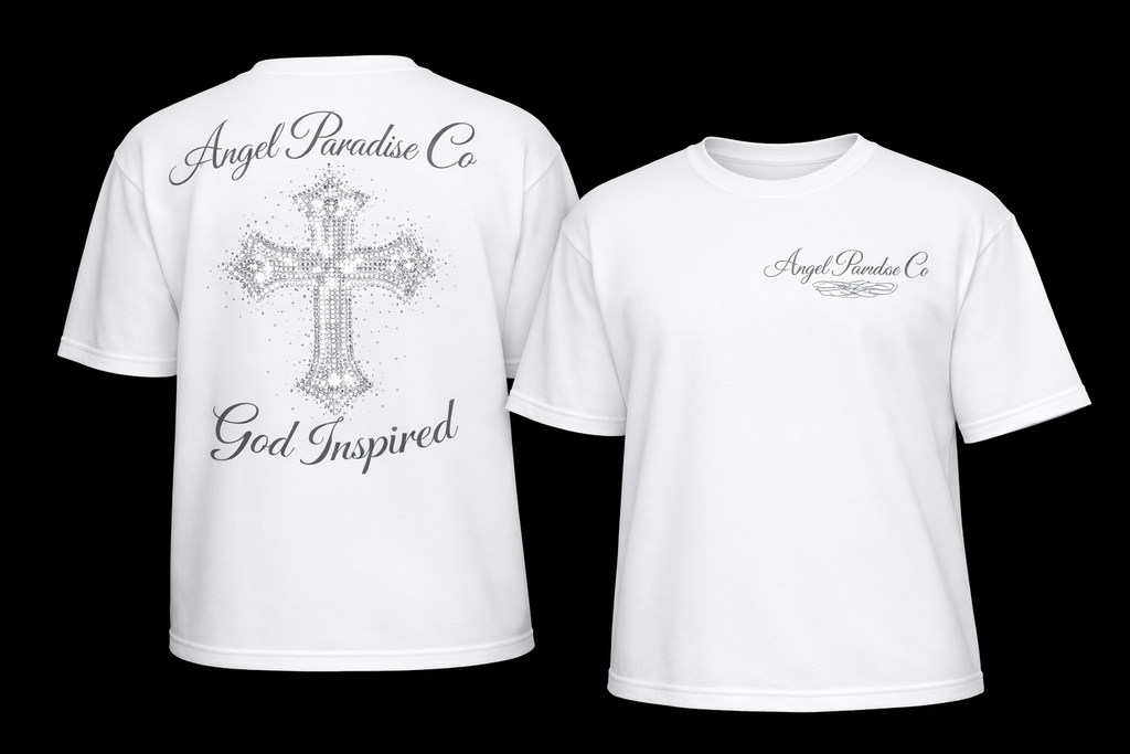 Angel Paradise Co “God Inspired” Signature Cross Tee – White (Front & Back Graphic)