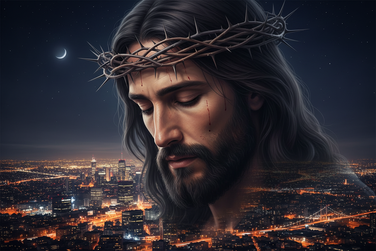 A realistic, solemn portrait of Jesus Christ, head bowed with eyes closed, wearing a crown of thorns, looking down over a sprawling city at night. The portrait is exactly as previously depicted: detailed, emotional, and lifelike, with soft lighting emphasizing the textures of his hair, beard, and crown of thorns. The city below glows with nighttime lights, streets, and skyscrapers, creating a dramatic contrast against the dark sky. The composition conveys a sense of divine oversight and quiet solemnity, wit